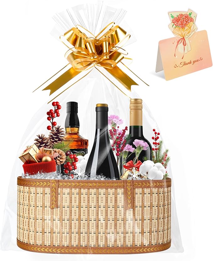1 Set Baskets for Gifts Empty, Large Bamboo Gift Basket with Handle, Foldable Reusable Decorative Woven Basket for Christmas, Baby Shower, Mother's Day, Housewarming, Wedding