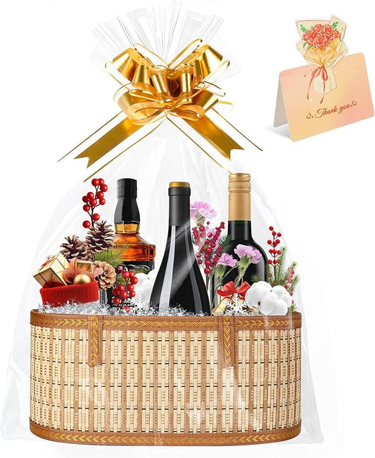 1 Set Baskets for Gifts Empty, Large Bamboo Gift Basket with Handle, Foldable Reusable Decorative Woven Basket for Christmas, Baby Shower, Mother's Day, Housewarming, Wedding