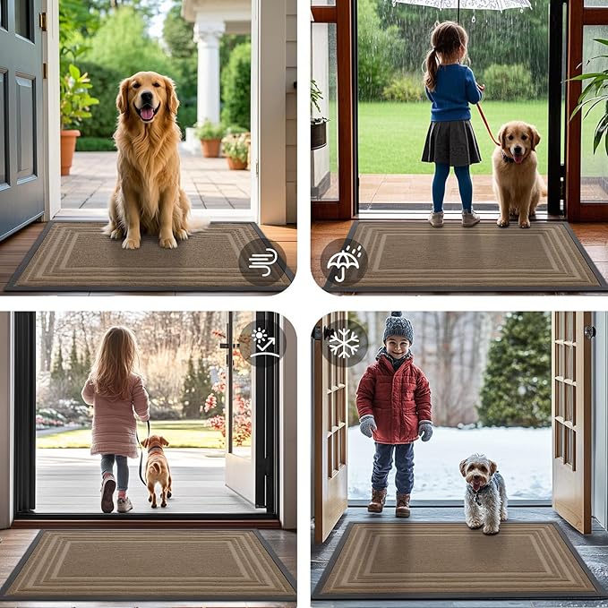 Buganda Front Door Mat Indoor Outdoor Entrance, Non-Slip Natural Rubber Doormats, Easy Clean, Low Profile, Dirt Trapper Entryway Floor Mats for Outside, Garages and Patios, 29.5x17, Light Brown