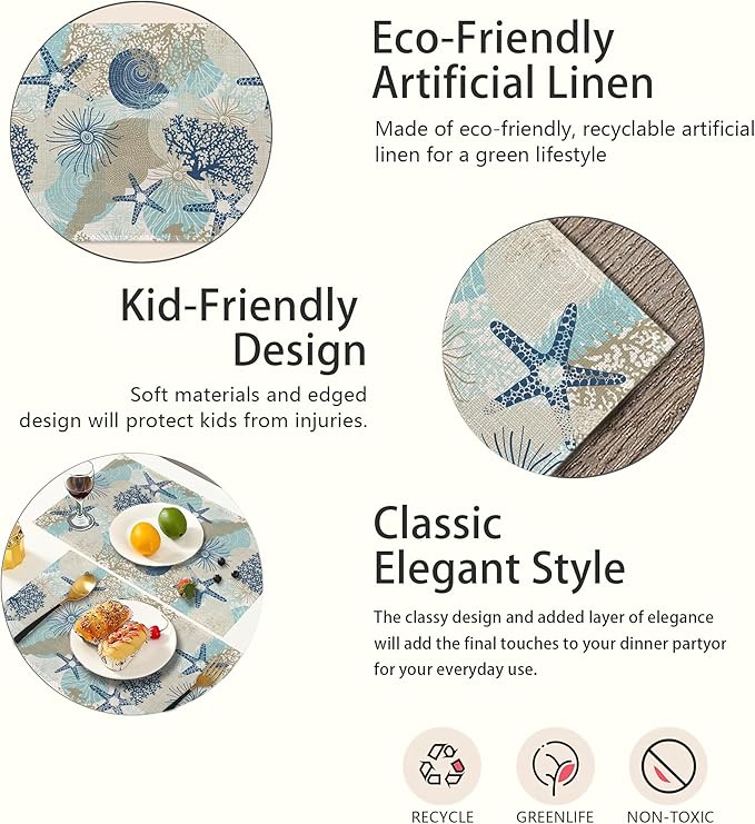 Ocean Coral Placemats Set of 6,Shells Algae Reefs Table Mats Non-Slip Heat Resistant Washable Placemat for Party Kitchen Dining Table Decoration Indoor Outdoor