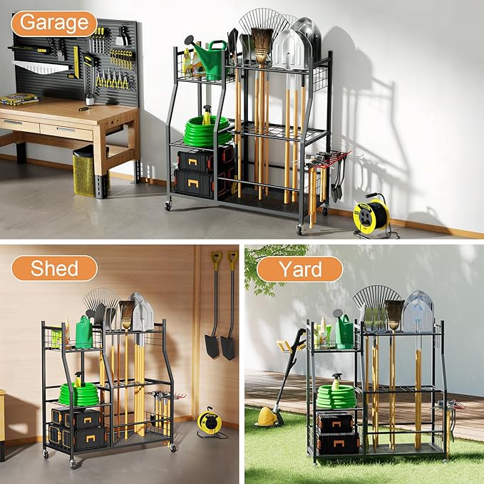 Garden Tool Organizer with Wheels for Garage, Freestanding Garage Tool Organizer, Yard Tool Holder, Garden Tool Cart for Long Handled Tools,Rakes, Brooms, Yard Storage Rack for Shed, Indoor, Outdoor
