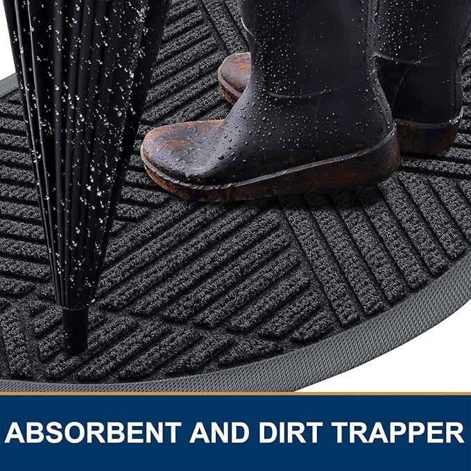 Smiry Half Circle Front Door Mat Outside Entrance, Heavy Duty Sturdy Natural Rubber Doormat, Trap Dirt and Moisture, Low Profile Mats for Indoor Outdoor Entry, Irregular Triangle (36x24, Black)