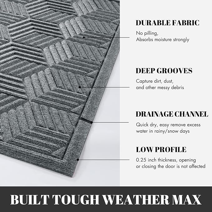 Yimobra Large Door Mat 47x24, All-Season Waterproof Outdoor Mats for Front Door Entrance with Drainage Holes, Heavy Duty Non-Slip Doormat for Garage Patio Entryway Indoor, Black Gray