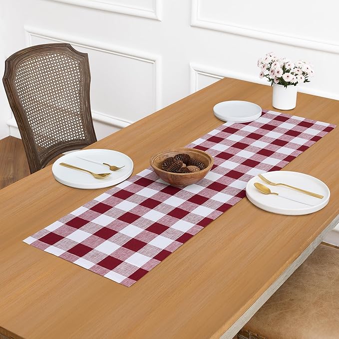 Solino Home Linen Checkered Table Runner 48 Inches - 100% Pure Linen Burgundy and White Buffalo Check Short Table Runner 14 x 48 Inch Ideal for Dresser and Coffee Tables - Valentines