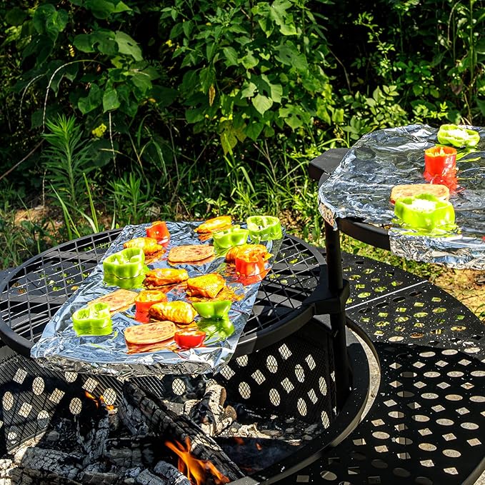 47 Inch Fire Pit with 2 Grills, Wood Burning Fire Pits for Outside with Lid & Poker, BBQ& Outdoor Firepit & Round Metal Table 3 in 1 for Patio, Picnic, Party