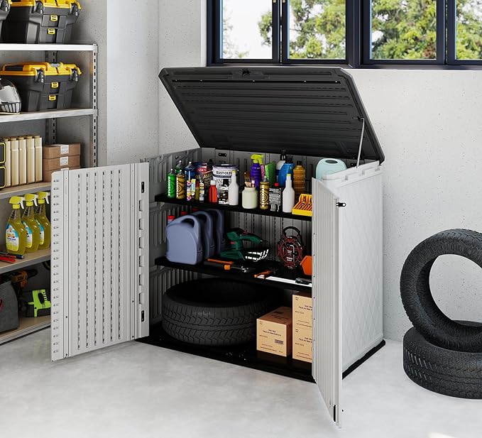 HOMSPARK Storage Shed Weather Resistance, Multi-Purpose Outdoor Storage Cabinet for Backyards and Patios, Horizontal Storage Shed for Lawnmower, Patio Accessories (White 1, Large - 26 cu.ft)