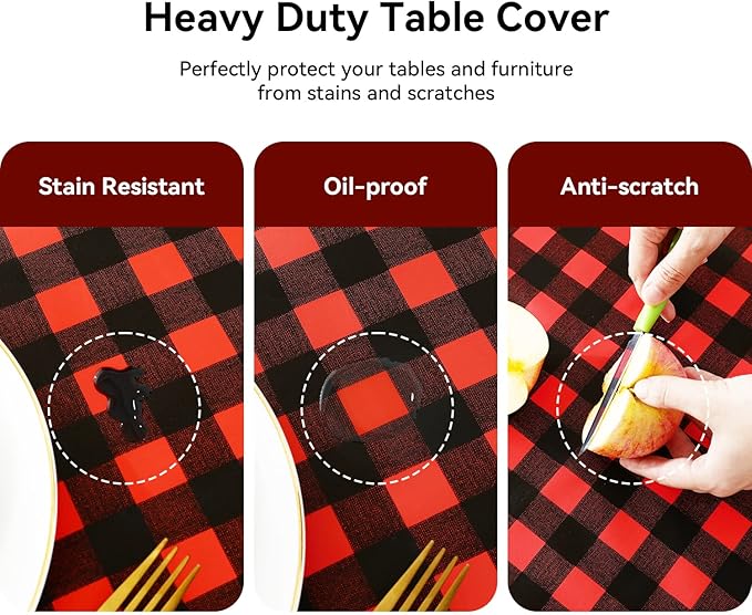 Romanstile Square Vinyl Tablecloth, 100% Waterproof Buffalo Gingham Plastic Table Cloth, Heavy Duty Wipeable Checkered Table Covers for Outdoor, Camping, Picnic, Patio - 54 x 54, Black and Red