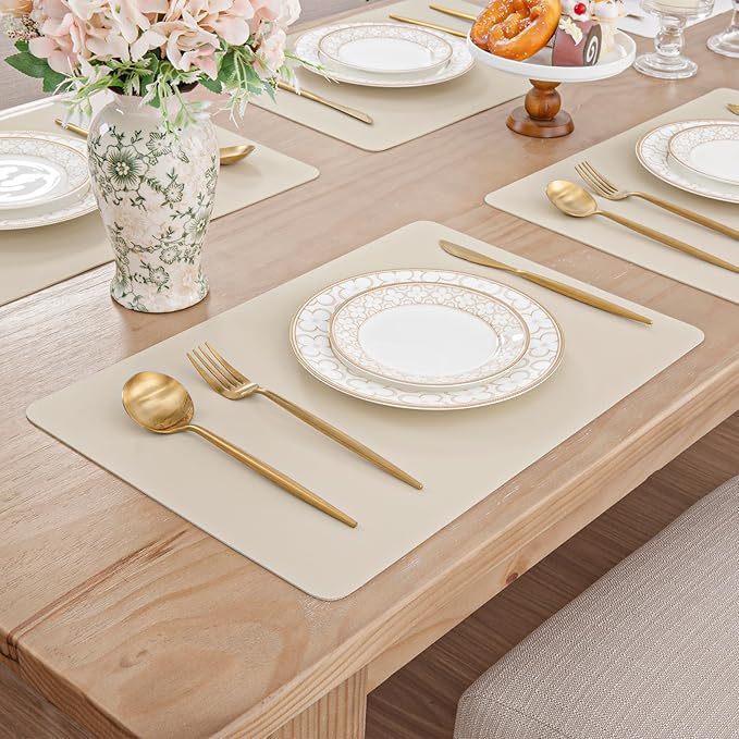 SHACOS Placemats Set of 6 Faux Leather Heat Resistant PU Non-Slip Vinyl Place Mats Waterproof Wipeable Table Mats for Kitchen Dining Indoor Outdoor, Beige