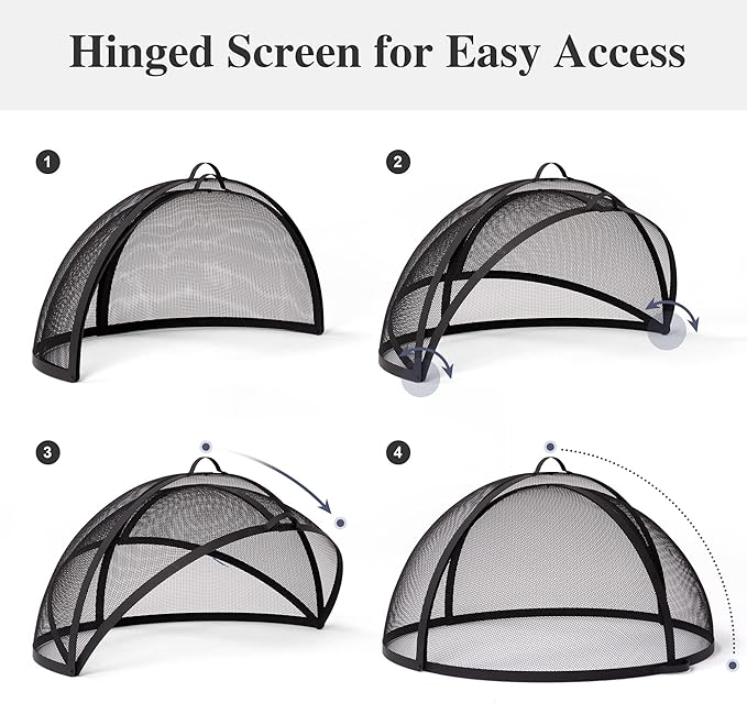 SUNCREAT Outdoor Fire Pit Spark Screen Cover Accessory, Patio Round Easy-Opening Fire Mesh Screen Guard, Heavy Duty Steel Fire Pit Ember Lid with Hinge, 32 Inch