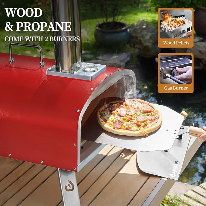 PIZZELLO 16" Outdoor Pizza Oven Propane & Wood Fired Stainless Steel Pizza Grill with Gas Burner, Wood Tray Pizza Stone, Pizza Peel, Carry Bag (Red)