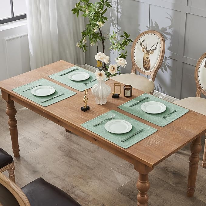 BALCONY & FALCON Placemats Set of 6 Faux Linen Cloth Place Mats Washable Waterproof Wrinkle Resistant Table Placemats for Dining Kitchen Farmhouse Indoor & Outdoor Use(Celadon Green, 13.8”x 17.7”