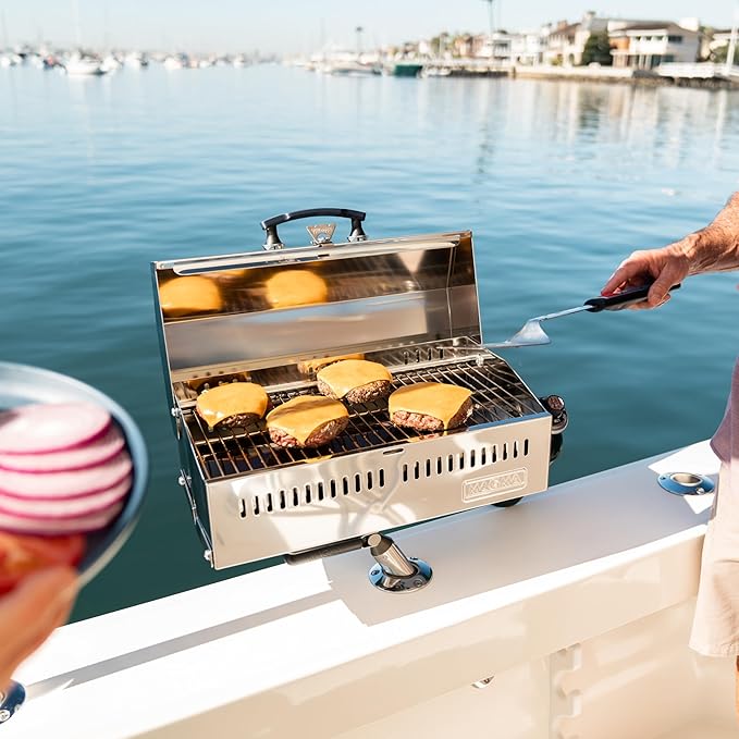 Magma Cabo Grill - Marine-Grade Stainless Steel Barbecue Grill for Boats - Portable Propane Gas with 9”x18” Grilling Surface - Heat-Resistant Handle, Fold-Away Legs - Ideal Boat Accessory