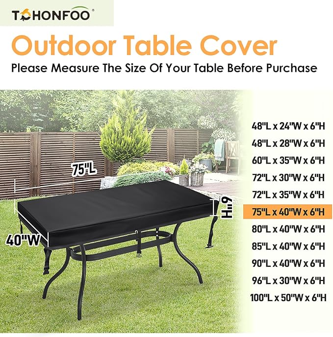 TOHONFOO Rectangular Patio Table Cover - Waterproof Anti-UV Outdoor Dining Table Cover - Outdoor Patio Furniture Cover 75" L x 40" W x 6" H