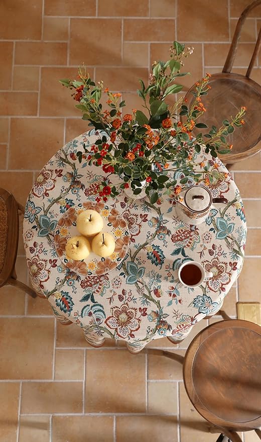 Designer Vintage Linen Small Round Tablecloth,Indian Style Wrinkle Free Orange Floral Table Cloth,Decor Table Cover for Kitchen,Dining,Thanksgivingome,Christmas,Diameter 55"-Mangala