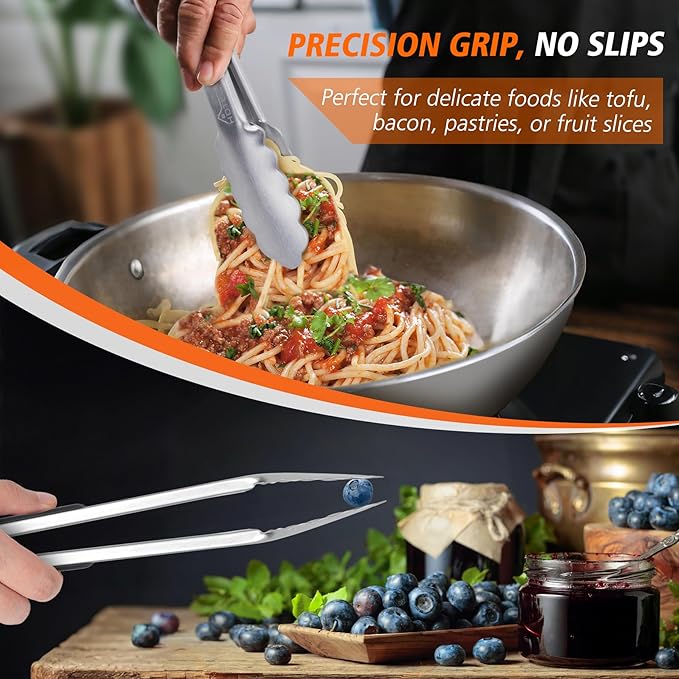 Hotec Stainless Steel Kitchen Tongs, Set of 2-9" and 12", Locking Metal Food Tongs for Cooking, Serving, BBQ, Grill Non-Slip Grip