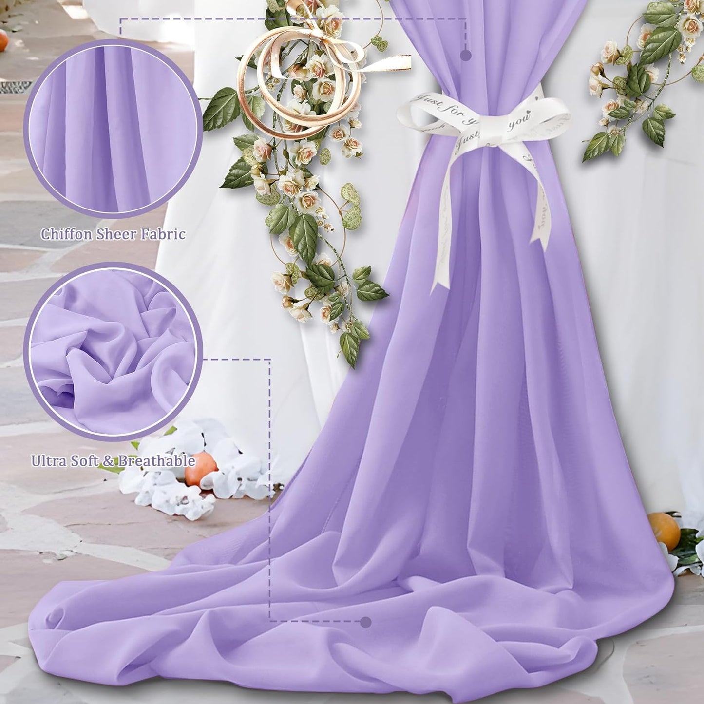 Horbaunal Lavender Chiffon Fabric by The Yard, 5 Yard Continuous Sheer Fabric 59" Wide Soft Draping Fabric for Wedding Arch Draping Party Backdrop DIY Sewing