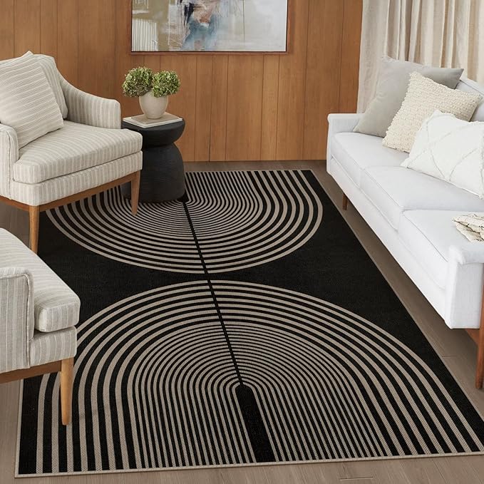 Easy Jute Indoor Outdoor 5x7 Area Rug, Black Washable Modern Rainbow Rugs for Living Room, Non-Slip Boho Farmhouse Bedroom Rug Abstract Floor Carpet for Patio Dining Room Nursery