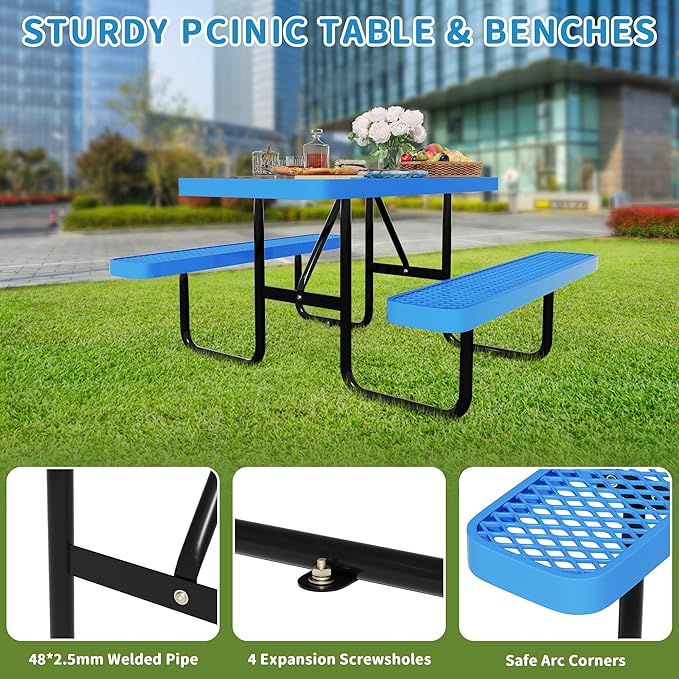 4FT Rectangular Metal Picnic Table for Outdoors, Commercial Steel Metal Picnic Tables, Heavy Duty Sturdy Picnic Tables Furniture Set for Patio Garden Courtyard BBQ, with Umbrella Hole, Blue