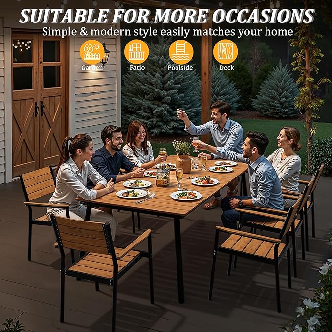 83" Patio Outdoor Dining Table for 6-8, Weather-Resistant Wood-Grain Top with Aluminum Frame & Umbrella Hole for Deck Gatherings, Brown