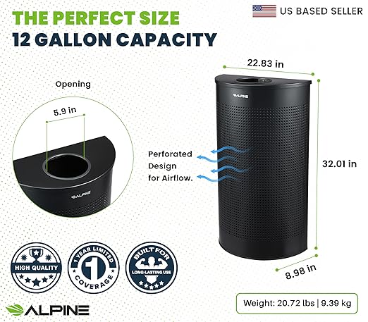 Alpine Half Round Trash Can Open Top - Modern Black Metal 12 Gallon Half Moon, Space Saving Indoor Commercial Trash Cans with Lid, Narrow Garbage Can for Bathroom, Office, Lobby and Business.