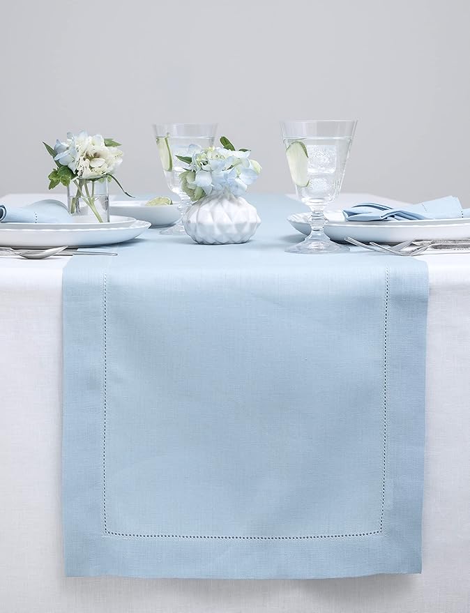 Solino Home Linen Sky Blue Table Runner 48 Inches - Classic Hemstitch, 100% Pure Linen Coffee Table Runner 14 x 48 Inch Ideal for Dresser Tables - Spring, Easter