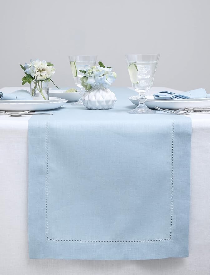 Solino Home Linen Sky Blue Table Runner 132 Inches Long - 100% Pure Linen Extra Long Table Runner 14 x 132 Inch for Spring, Easter - Classic Hemstitch
