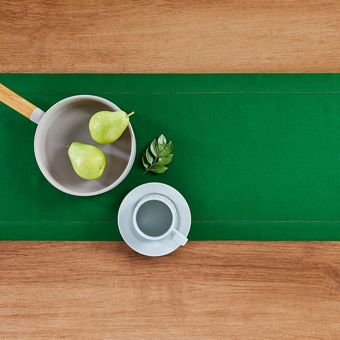 Solino Home Linen Garden Green Table Runner 144 Inches Long - 100% Pure Linen Extra Long Table Runner 14 x 144 Inch for Winter, St Patricks Day, Easter - Classic Hemstitch