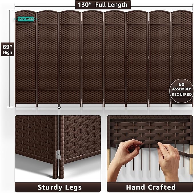 Sorbus 8 Panel Room Divider 6 ft. Tall - Privacy Screen, Extra Wide Double Hinged Panels, Mesh Hand-Woven Design, Partition Room Dividers and Folding Privacy Screens, Wall Divider for Room Separation