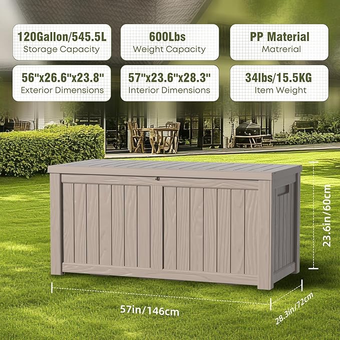 DRATO 120 Gallon Large Deck Box, Outdoor Storage Box for Patio Furniture, Patio Cushions, Gardening Tools, Pool Supplies,660lbs Weight Capacity,Waterproof Resin Storage Boxes（Gray，120 Gallon）