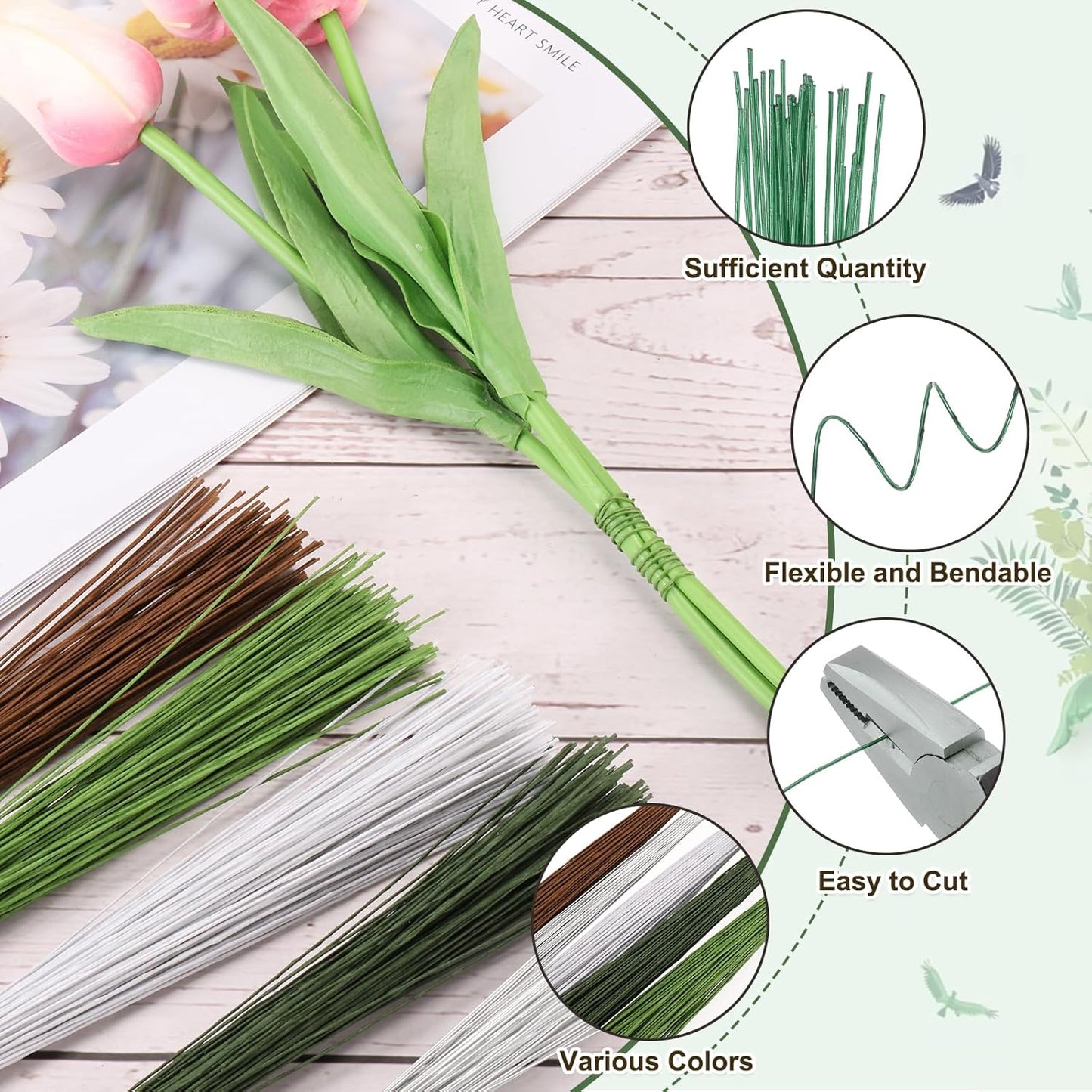 PATIKIL 32 Inch 22 Gauge Floral Stem Wire, 2 Pack/80 Pieces Bouquet Stem Paper Wrapped for DIY Crafts Flower Arrangements, Green