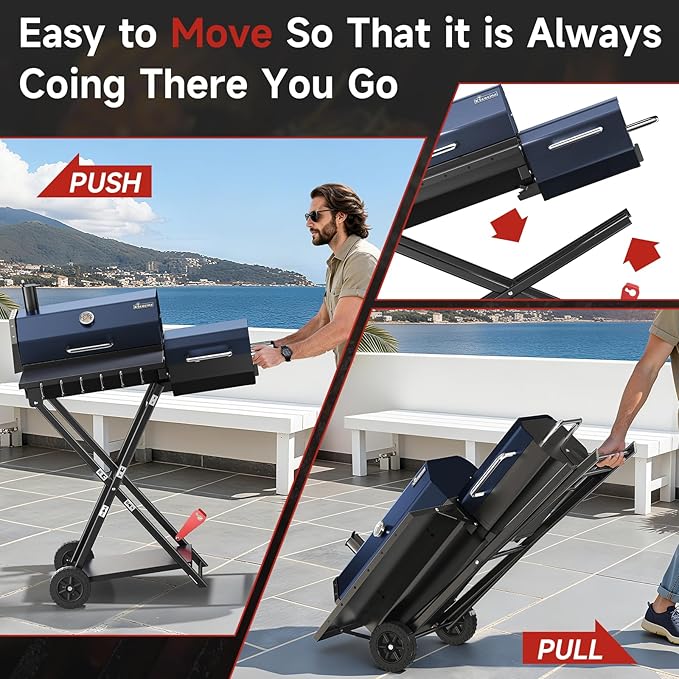Portable Charcoal Grill with Smoking Function, Foldable Suitcase Design with Wheels, Multi-Tier Storage Rack & Waterproof Cover for Outdoor BBQ Parties (Blue)
