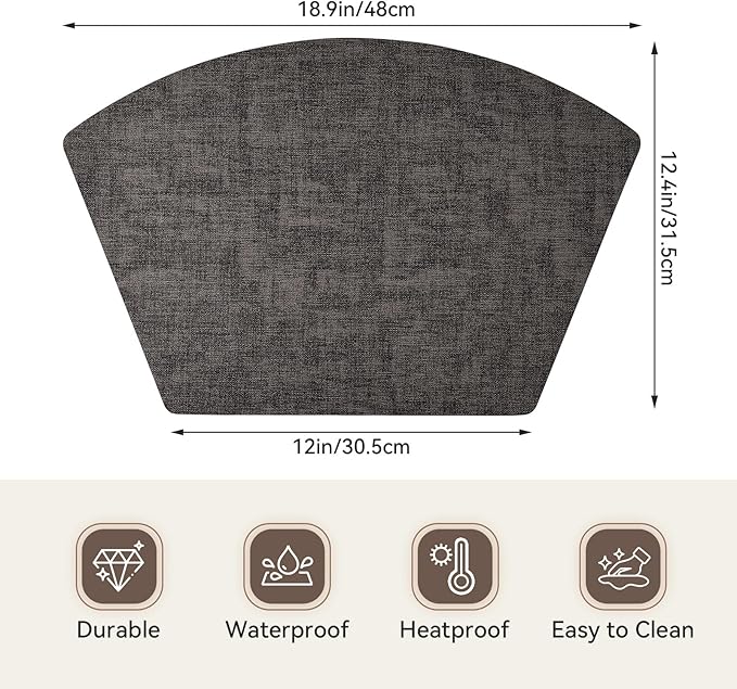 Round Table Placemats Set of 6, Faux Leather Wedge Shape Place Mats Heat Resistant Wipeable Washable Table Mats for Dining Outdoor Indoor, Black