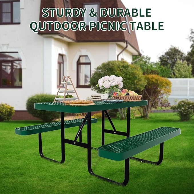 4FT Picnic Tables for Outdoors, Rectangular Commercial Metal Picnic Table Bench Set with Umbrella Hole,Heavy Duty Steel Weather-Resistant Dining Table for Patio Dining Garden Backyard BBQ School