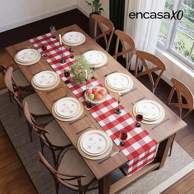 Encasa XO Cotton Dining Table Runner | Buffalo Red Checks | Size 13x91 in - Machine Washable & Durable