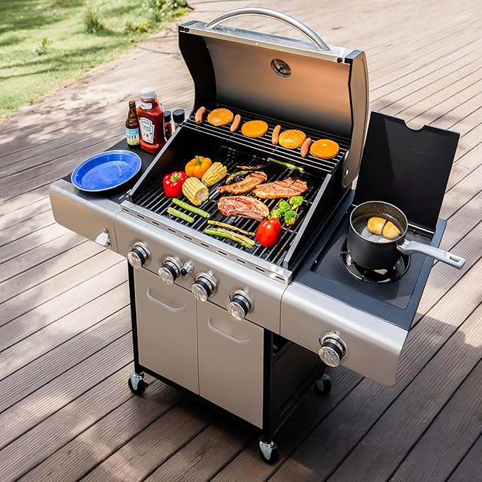 MFSTUDIO 4-Burner BBQ Propane Grill with Searing Side Burner, Porcelain-Enameled Cast Iron Grates,Thicker and taller lid, Stainless Steel Gas Grills for Outdoor and Patio Barbecue Cooking
