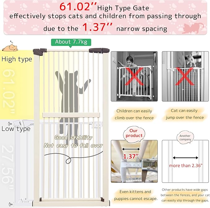 Lumizone Extra Tall Cat Gate 61.02" High Pressure Mounted Extra Wide 55.12"-59.24" (17Sizes) 1.37" Gap No Drilling Auto-Close Tall Pet Gate for Dogs (Cream, 55.12"-59.24" W)