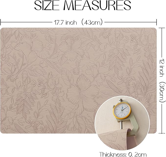 Romanstile Vinyl Placemats Set of 6-12 X 18 Inch - Heat Resistant Non-Slip Embossed Floral Place Mats 100% Waterproof Oilproof Wipeable Faux Leather Table Mats for Kitchen/Dining/Party, Khaki