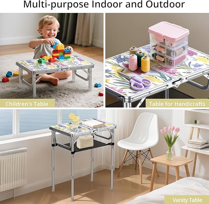 Anbte 2ft Folding Camping Table, 3 Adjustable Height Max 27.5" Small Folding Table with Storage Net Lightweight & Portable with Carry Handle, for Outdoor Indoor Camping Beach BBQ RV, Blooming Floral