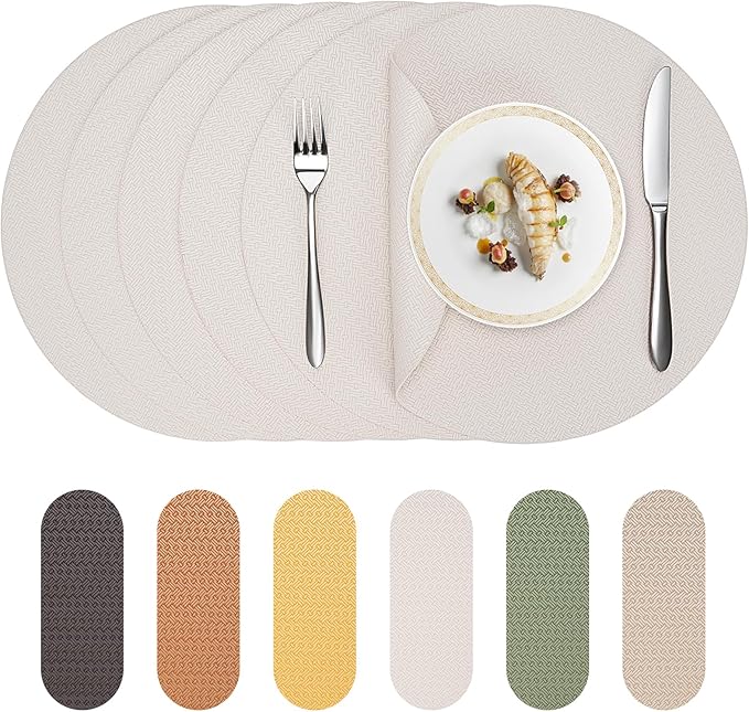 Round Faux Leather Placemats Set of 6 – 13 Inch Vinyl Mats, Heat Resistant, Non Slip, Wipeable & Washable, Easy to Clean Dining Table Decor for Kitchen & Holiday Gatherings（Ivory White）