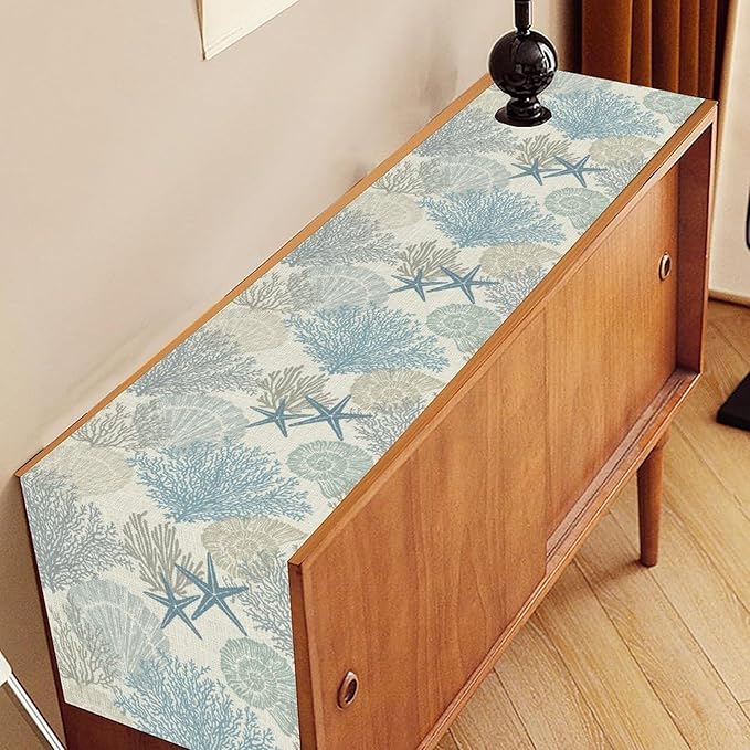 Nautical Table Runner, Summer Coastal Starfish Seashells Coral Tropical Ocean Beach Blue Farmhouse Coffee Table Center Decor for Home Kitchen Dining Patio Indoor Outdoor Table Decorations, 13"x72"
