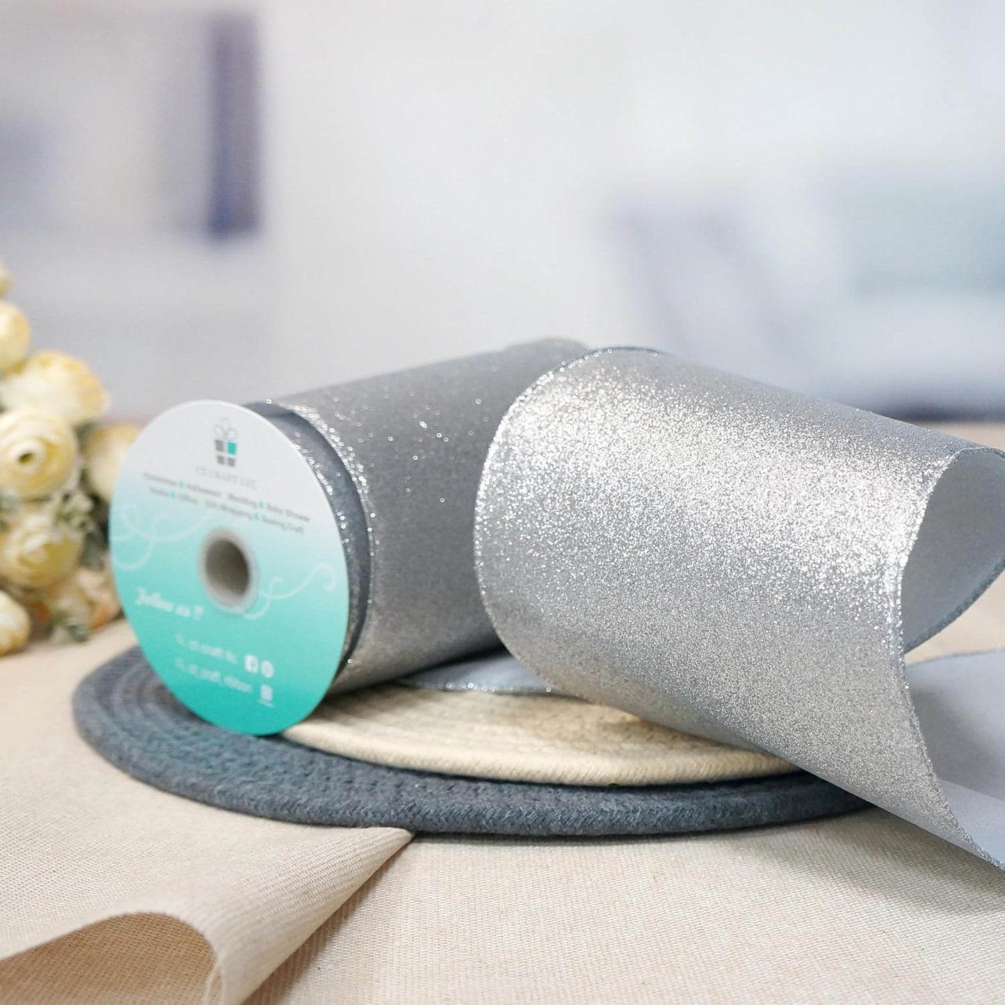 CT CRAFT LLC Glitter Wired Ribbon 6" x 10 Yards Silver for Christmas Home Decor Bow Gift Wrapping DIY Crafts Wreath