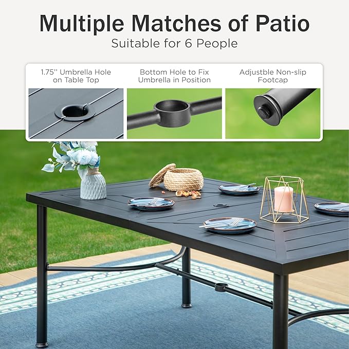PHI VILLA 7-Piece Outdoor Dining Set, Heavy Duty Patio Table and Chairs Set with Umbrella for 6, 64" Rectangular Patio Metal Table & Wicker Dining Chairs with Cushions, 2 Swivel