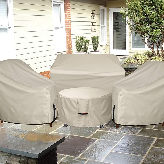 Porch Shield Fire Pit Cover - Waterproof 600D Heavy Duty Fade Resistant Round Patio Fire Bowl Cover Beige - 44 inch