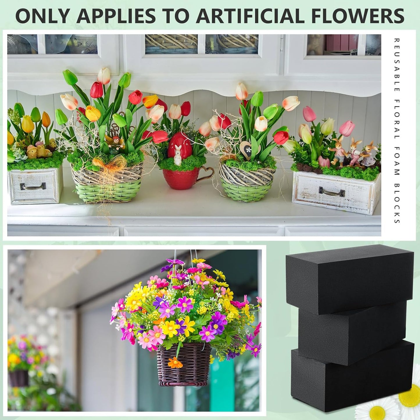 Lallisa 12 Pcs Reusable Floral Foam Blocks Water Weather Resistant Dry Floral Foam for Artificial Flower Arrangements Outdoor Flower Boxes Outside Hanging Planters Wedding Home Decor (9 x 3 x 3")