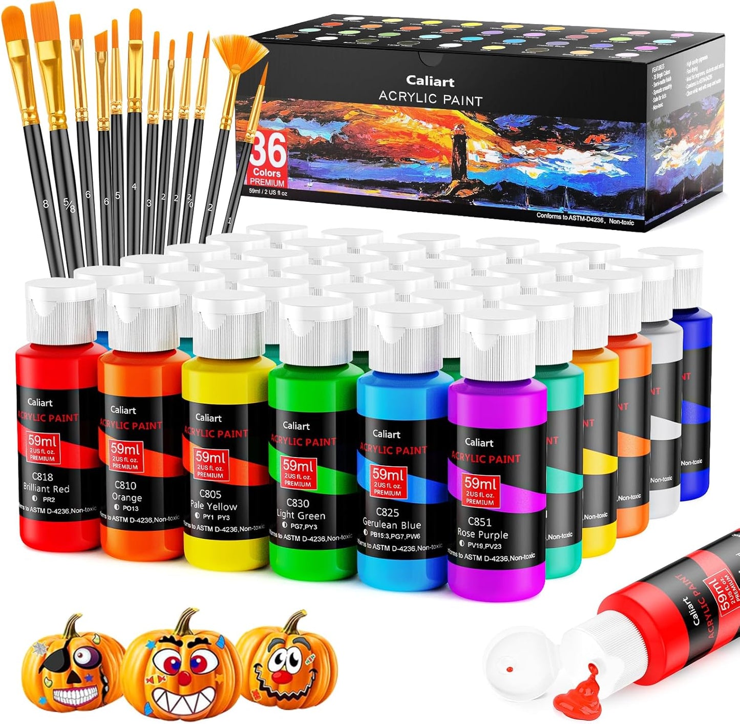 Caliart Acrylic Paint Set with 12 Brushes, 36 Colors (59ml, 2oz) Art Craft Paints Gifts for Artists Adults Beginners Painters, Halloween Pumpkin Canvas Ceramic Rock Painting Kit Art Supplies