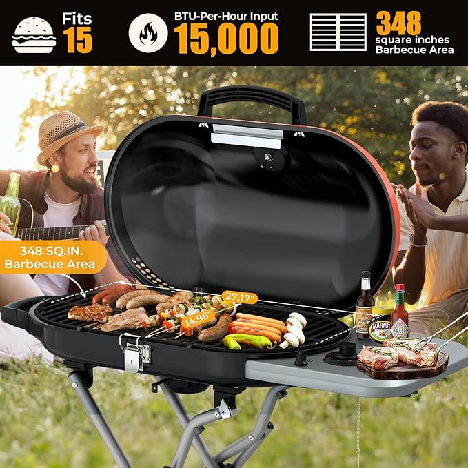 RoadTrip Portable Propane Gas Grill,15,000 BTU BBQ Grill with Top Cover Lid,Folding Legs & 2 Wheels, 406 sq.in. Grilling Areas, Built-in Thermometer, Barbecue Gas Grill for Patio,Party,Orange