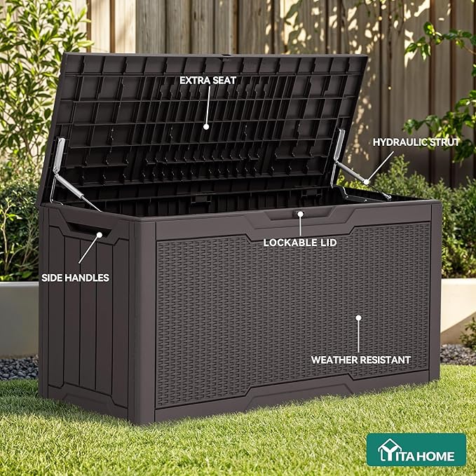 YITAHOME 80 Gallon Resin Deck Box, Weather Resistant Outdoor Rattan Storage Box, Lockable Indoor Outdoor Storage for Supplies and Essentials, Dark Brown