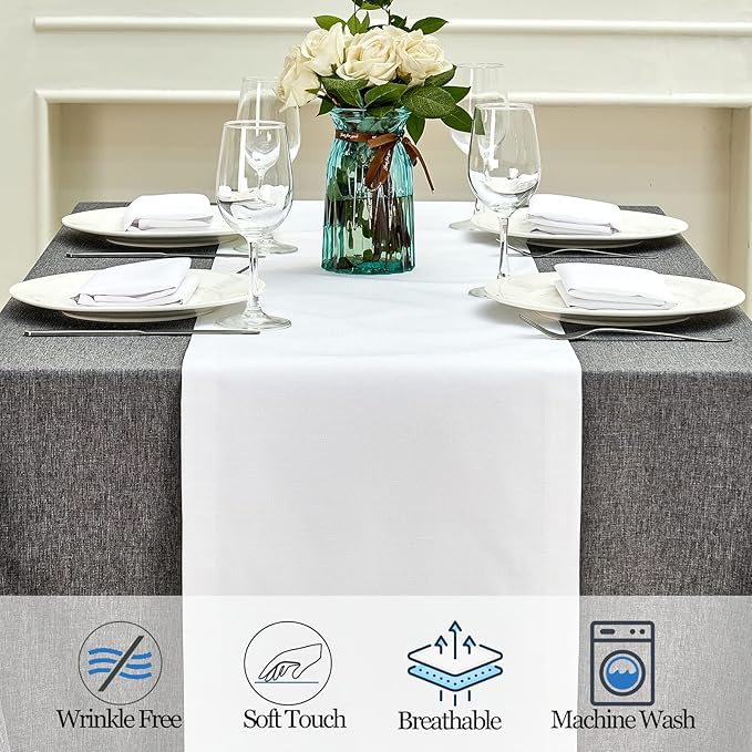 Mebakuk Linen Farmhouse Table Runner Large Burlap Style Soft and Waterproof Decorative Fabric Runner for Outdoor Wedding and Dinner (14 x 108 Inch, White)
