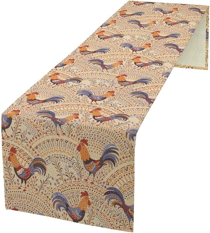 Cute Roosters Table Runner, Boho Rustic Cock Chicken Vintage Arch Floral Plants Print Table Cover for Holiday Kitchen Dining Table Indoor Outdoor Home Party Decor, 13x120inch