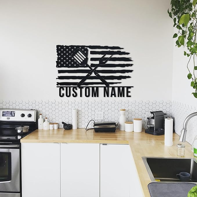 Personalized BBQ Sign With Led Lights - American Flag Metal Wall Art, Custom Name Sign, Patriotic BBQ Decor for Bar, Kitchen, Backyard, Patio Man Cave